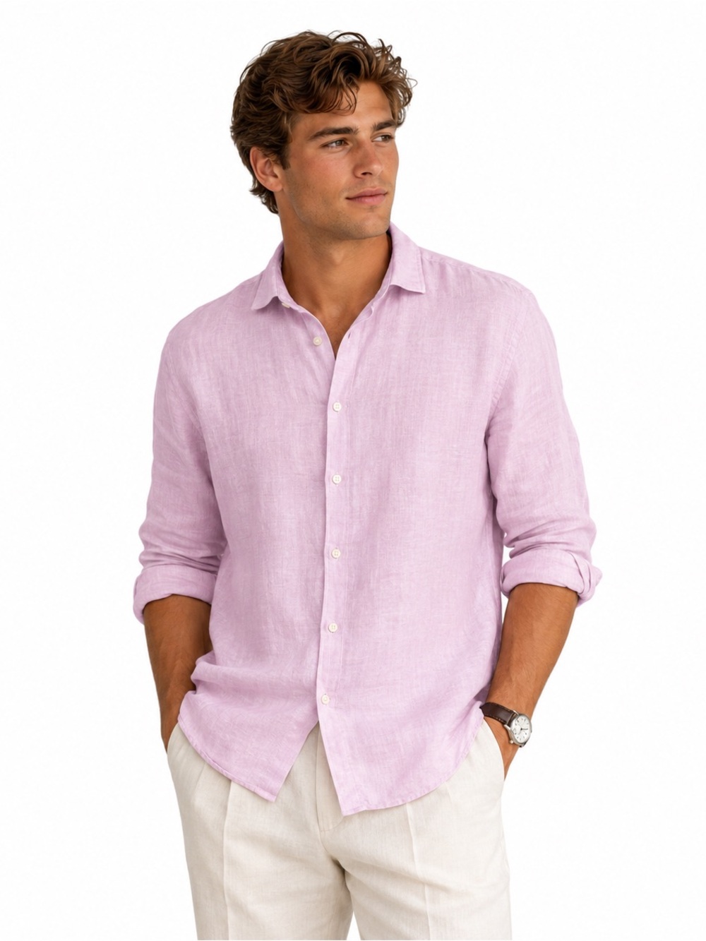 Perry Ellis Men Long Sleeve Shirt Sz XL Linen Cotton Pink Breathable Beach